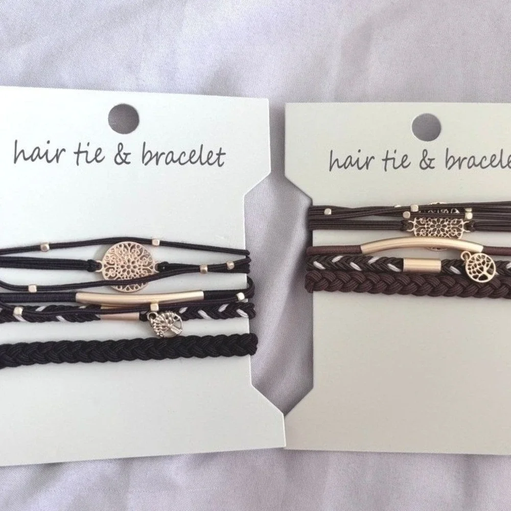 Boho Hair Tie Bracelet Set Brown Black Gold Tree of Life Mandala 2pk